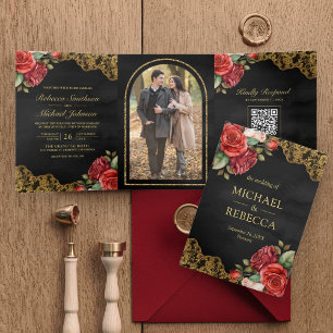Invitación Tríptica Red Roses Gold Lace Negro Código QR Boda fotográfi