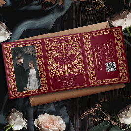 Invitación Tríptica Red Royal Medieval Sword Boda QR Code