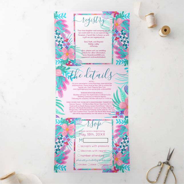 Invitación Tríptica Registro de Flores Pintadas Verde azuladas Rosadas (Interior)