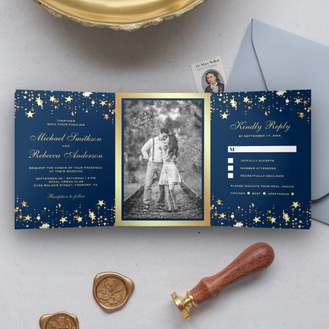 Invitación Tríptica Relieve metalizado dorado Estrellas Boda azul de l (Subido por el creador)