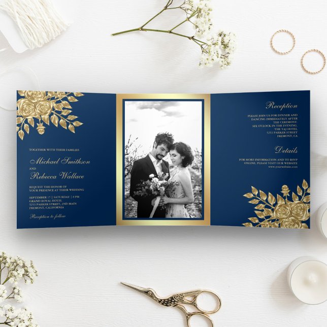 Invitación Tríptica Relieve metalizado dorado falso deja Boda azul de  (Subido por el creador)