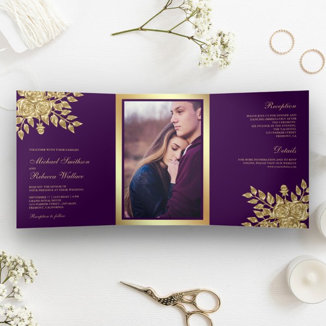 Invitación Tríptica Relieve metalizado dorado falso deja Boda morado f (Subido por el creador)