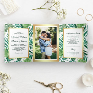 Invitación Tríptica Relieve metalizado dorado falso Palm tropical deja