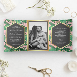 Invitación Tríptica Relieve metalizado dorado falso Palm tropical deja