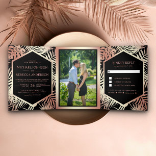 Invitación Tríptica Relieve metalizado dorado negro y Rosa Boda de pal
