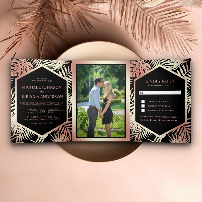 Invitación Tríptica Relieve metalizado dorado negro y Rosa Boda de pal (Subido por el creador)