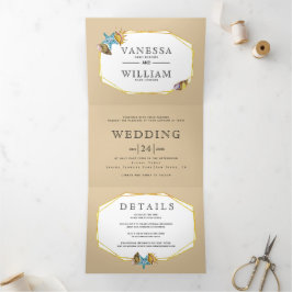 Invitación Tríptica Relieve metalizado dorado polígono conchas y boda