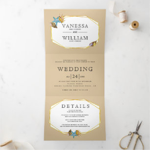 Invitación Tríptica Relieve metalizado dorado polígono conchas y boda