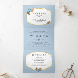 Invitación Tríptica Relieve metalizado dorado polígono y marejadas bod