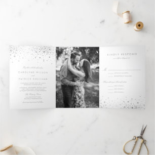 Invitación Tríptica Relieve metalizado plateado falso confetti puntos