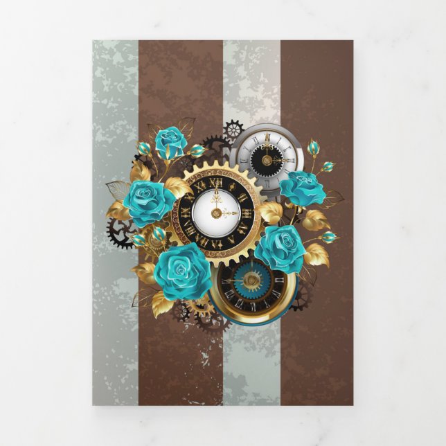 Invitación Tríptica Reloj de vapor y Rosas turquesa a rayas (Foto de portada)