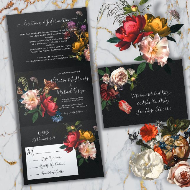 Invitación Tríptica Rembrandt Floral Dark & Moody Boda (Subido por el creador)