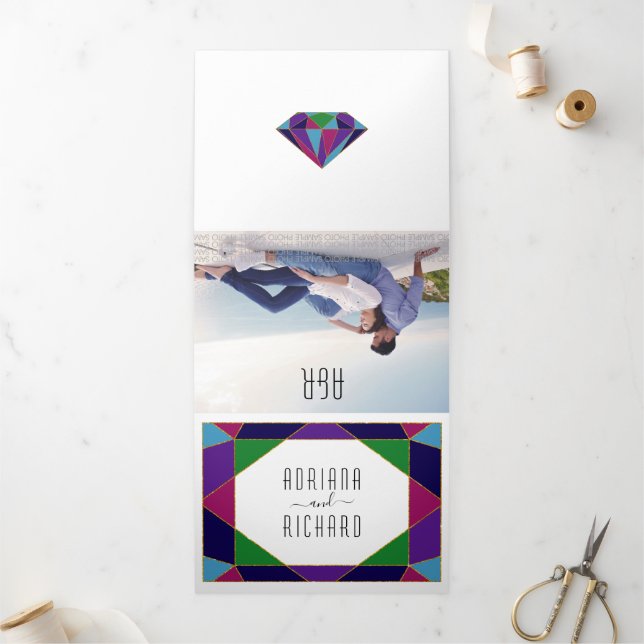 Invitación Tríptica Resumen boda de tipografía de joyas geométricas (Exterior)