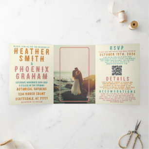 Invitación Tríptica Retro Bold Bright QR Code Photo All in One Boda