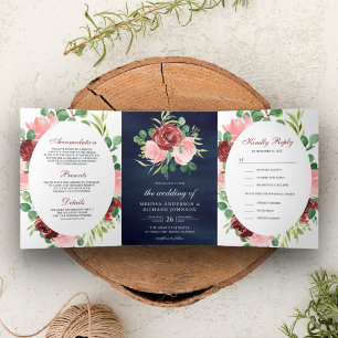 Invitación Tríptica Rojizo Rosa y Floral Burgundy 3 en 1 Boda Naval