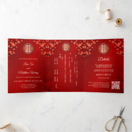 Invitación Tríptica Rojo de flores de cerezo rojo | Boda chino