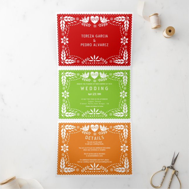 Invitación Tríptica Rojo, verde, naranja papel picado boda de los pája (Interior)