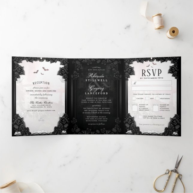 Invitación Tríptica Romance gótico B&W "Junto con" MENU RSVP (Interior)