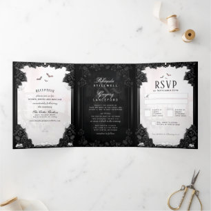 Invitación Tríptica Romance gótico Halloween Negro y Blanco