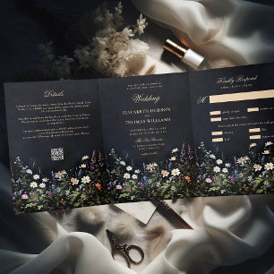 Invitación Tríptica Romance moreno oscuro y flores silvestres todo en 