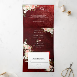 Invitación Tríptica Romántico boda floral rosa Rubor Borgoña
