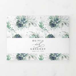 Invitación Tríptica Romántico elegante plateado Suculento Boda de Verd