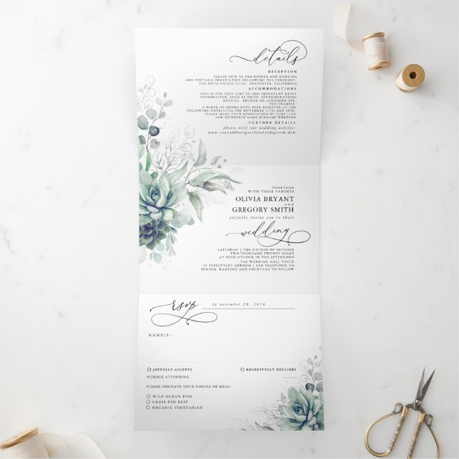 Invitación Tríptica Romántico elegante plateado Suculento Boda de Verd (Interior)