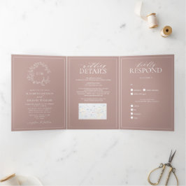 Invitación Tríptica Rosa agitado Escudo leafy Monograma Boda