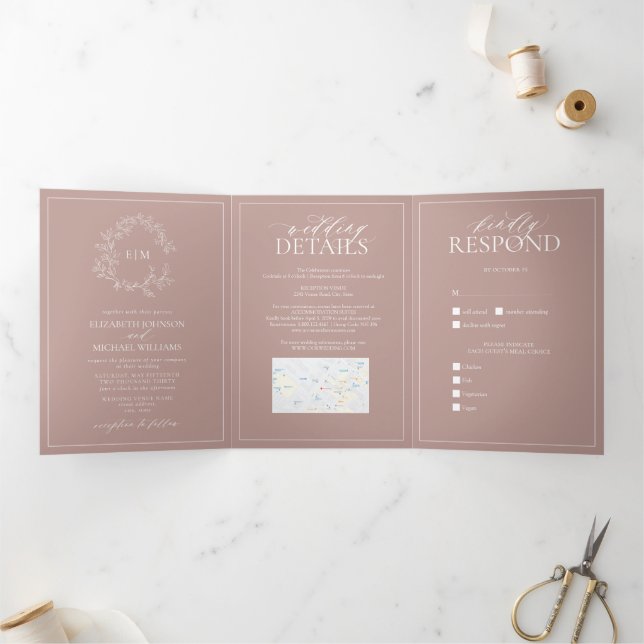 Invitación Tríptica Rosa agitado Escudo leafy Monograma Boda (Interior)