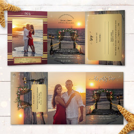Invitación Tríptica Rosa Arbor Beach Photo Boda Todo en Uno
