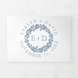 Invitación Tríptica Rosa azul polvoriento vintage corona boda blanco