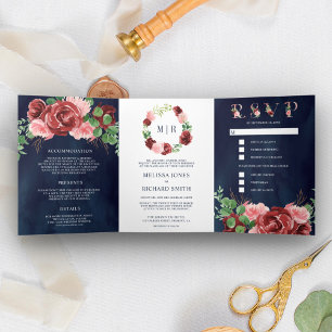 Invitación Tríptica Rosa bermellón floral azul marino boda