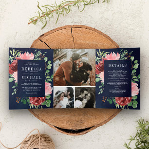 Invitación Tríptica Rosa bermellón floral azul marino boda