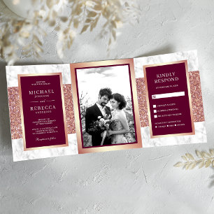 Invitación Tríptica Rosa Blanca Mármol Dorado Purpurina Magenta Boda