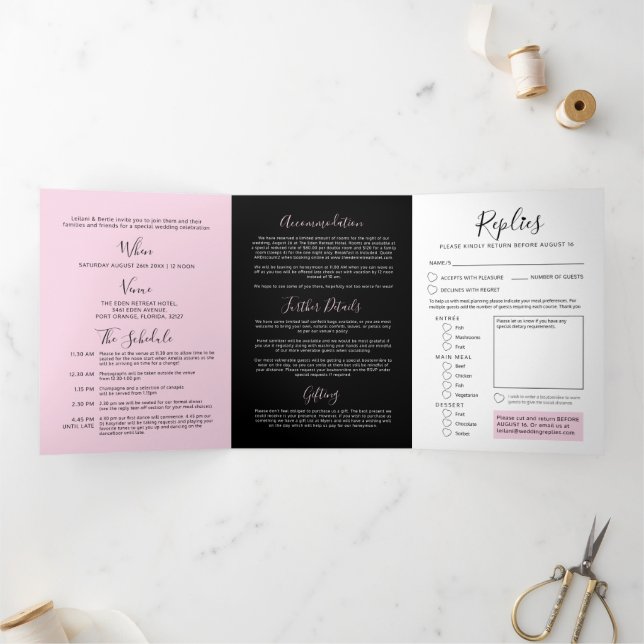 Invitación Tríptica Rosa, blanco negro, boda de corazón todo en uno (Interior)