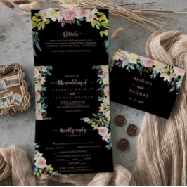 Invitación Tríptica Rosa Boda floral Primavera Dorada