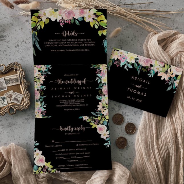 Invitación Tríptica Rosa Boda floral Primavera Dorada (Subido por el creador)