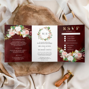 Invitación Tríptica Rosa Claro Floral Magnolia Algodón Borgoña Boda