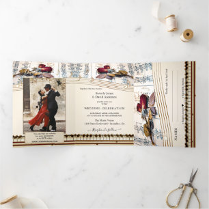 Invitación Tríptica Rosa de fotos Boda de música todo en uno