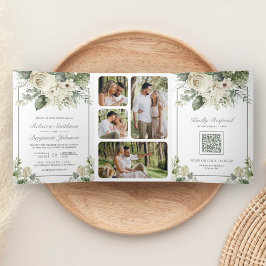 Invitación Tríptica Rosa de marfil Sage Green Floral Photo QR Code Bod