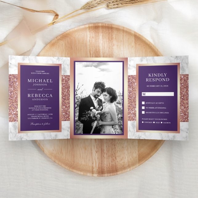 Invitación Tríptica Rosa de mármol blanco Purpurina de oro Boda violet (Subido por el creador)