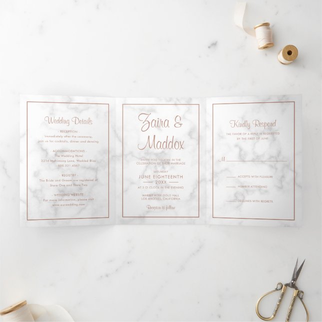Invitación Tríptica Rosa de mármol moderno Boda de guiones de oro (Interior)