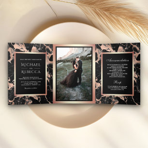 Invitación Tríptica Rosa de Oro de Mármol Negro Carbón Foto Boda
