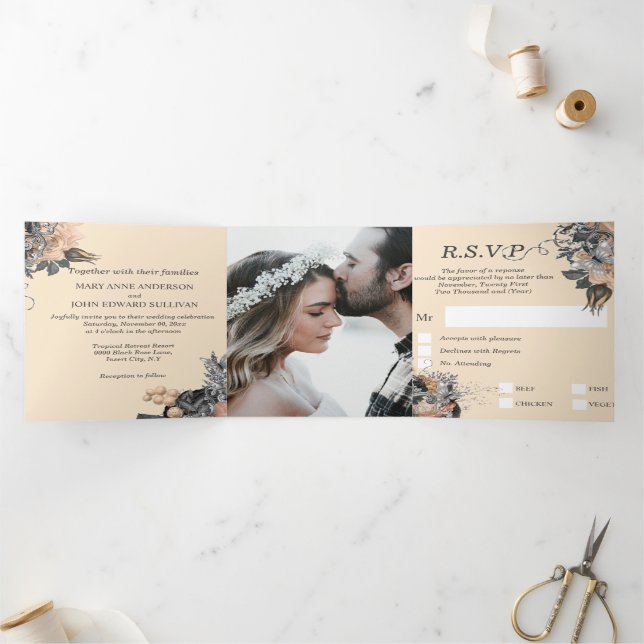 Invitación Tríptica Rosa de plata de melocotón de verano de mariposa b (Interior)