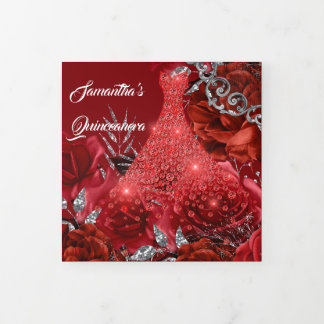 Invitación Tríptica Rosa de plata roja mujeres FOTO cumpleaños floral