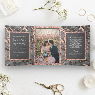 Invitación Tríptica Rosa Dorada Glitter Mármol Gris Acero Boda Foto