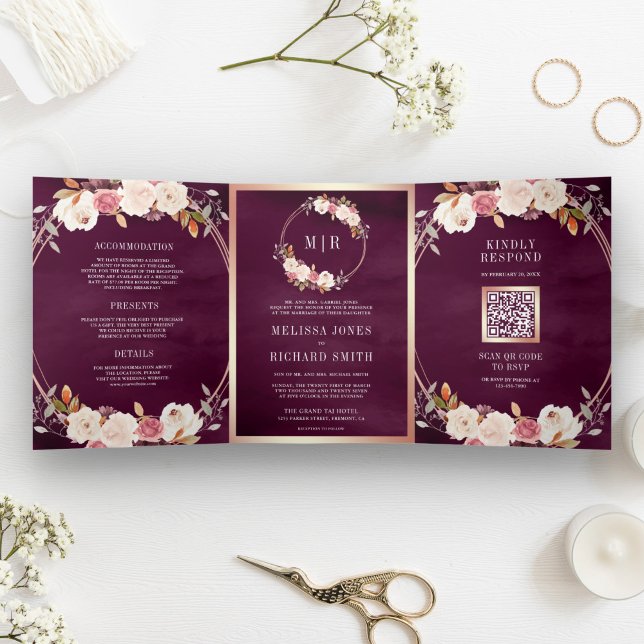 Invitación Tríptica Rosa Dorado Dusty Floral rosa Código QR Boda de Pl (Subido por el creador)