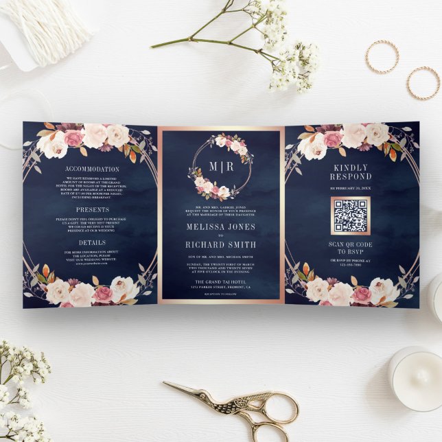 Invitación Tríptica Rosa Dorado Polvo Floral rosa Código QR Boda de la (Subido por el creador)
