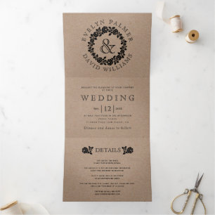 Invitación Tríptica Rosa negro vintage correa kraft boda de cartón