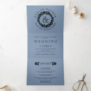 Invitación Tríptica Rosa negro vintage correa polvoriento boda azul
